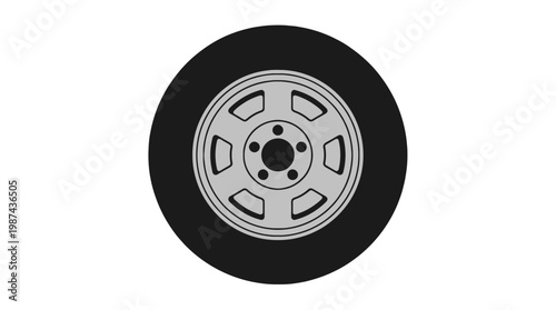 Minimalist illustration of a black car tire with grey alloy rim isolated on white background.