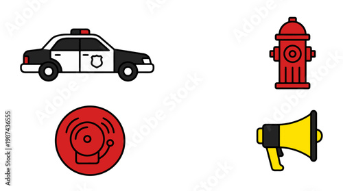 Modern flat design police car icon black and white vehicle with red siren and shield emblem.