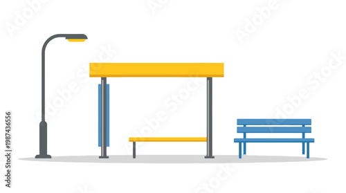 Modern bus stop shelter with street light and park bench illustration.