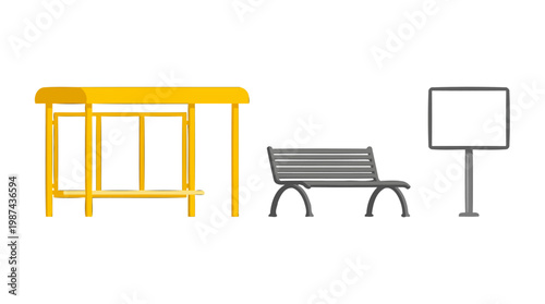 Set of city street furniture elements including bus stop bench and advertising board.