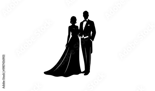 Vector silhouette of a sophisticated couple in tuxedo and flowing gown for formal events