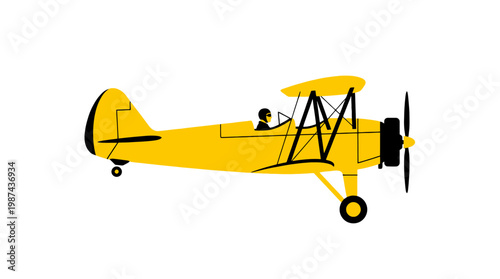 Vintage yellow biplane aircraft illustration isolated on white background.
