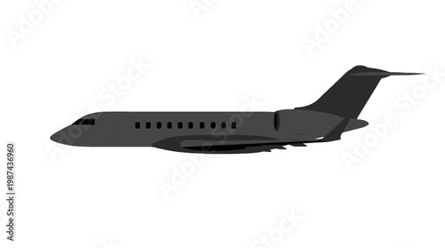 A profile view of a sleek dark gray private business jet on a white background.