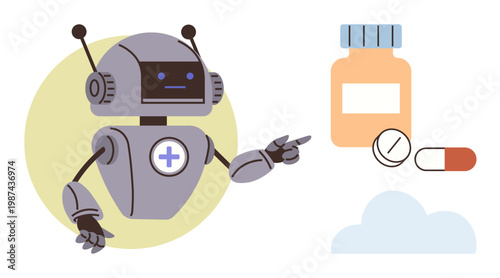 Healthcare technology, AI in medicine, pharmaceutical tech, telemedicine, medical assistance, robotic healthcare. A robot pointing to pills and a bottle. Healthcare technology and AI in medicine