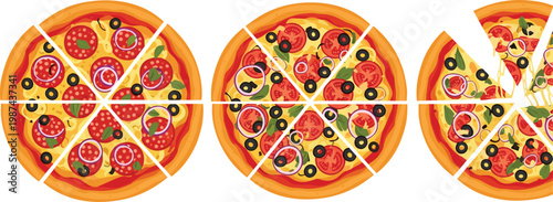 Pizza Slices Vector Set with Whole and Cut Pizzas Featuring Pepperoni, Olives, Tomatoes and Vegetables for Food Menu, Restaurant and Fast Food Design