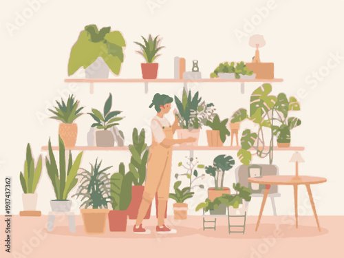 Woman Tending to Houseplants on Shelves traced flat