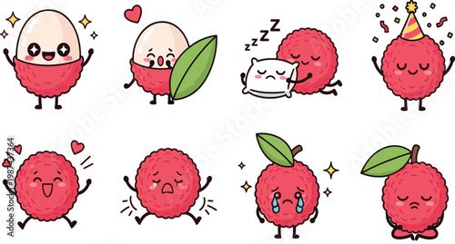 Cute kawaii lychee fruit cartoon character set with happy, sad, sleeping, crying, celebrating, and meditating emotion poses on white background