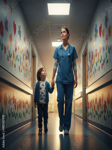 A tall person and a child holding hands in a museum or gallery setting