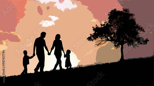 Family silhouette walking together during sunset on a field