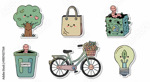 A collection of six adorable, Kawaii-style cartoon icons focused on ecology and sustainable living. The set includes a friendly tree, a pastel gradient reusable tote bag, a compost bin with a smiling