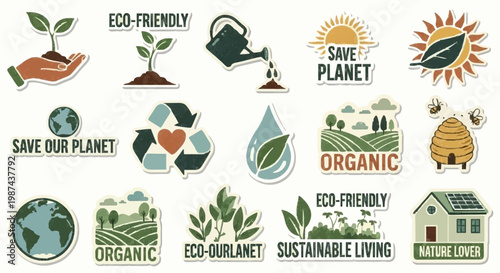 A set of eco-friendly typographic badges and stickers with messages like Save Our Planet, Organic, and Sustainable Living for environmental awareness.