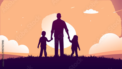 Father and two children walking together under a bright sunlit sky