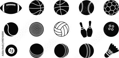 Collection of black and white icons representing various popular sports balls and equipment