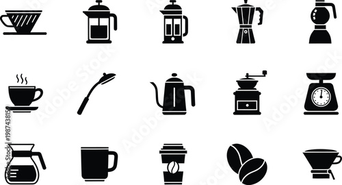 Collection of black and white coffee brewing equipment icons for cafe and home baristas