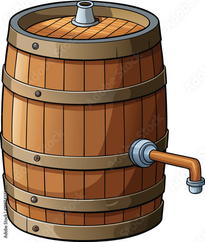 Wooden Water Barrel with Spigot for Water Conservation Strategies and Rainwater Harvesting Isolated on Transparent Background and Eco-Conscious Environmental Awareness Content