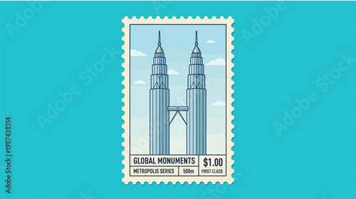 Vintage postage stamp featuring iconic twin towers on blue background with global monuments text