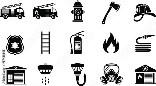 Collection of fifteen black and white firefighter equipment icons on a plain white background.