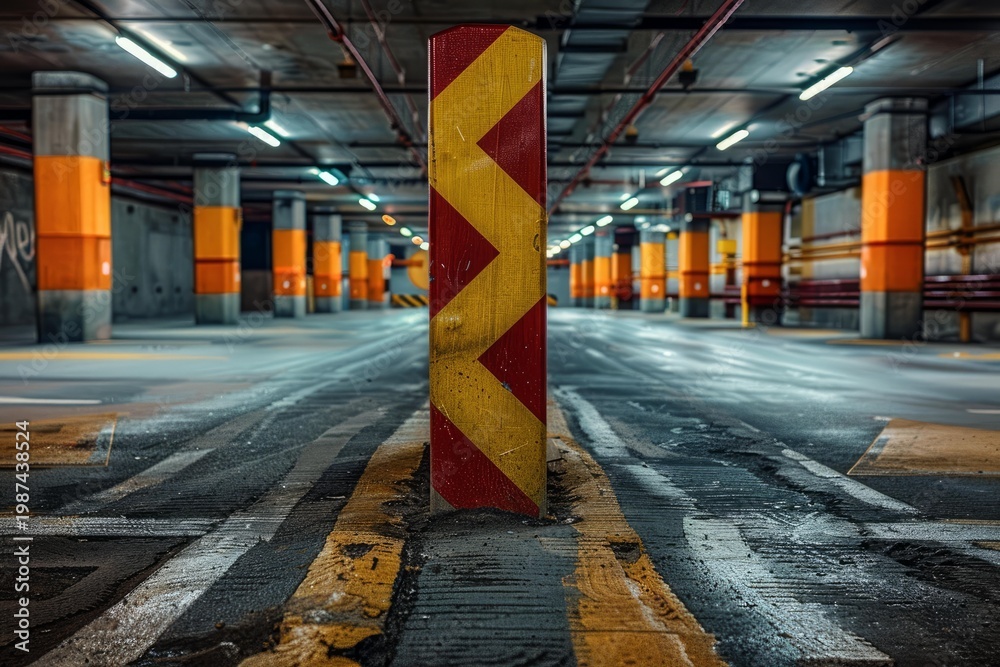 Fototapeta premium Underground parking garage with warning pillar and concrete columns