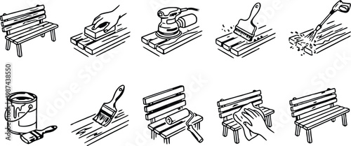 Bench wooden construction process from start to finish illustration set