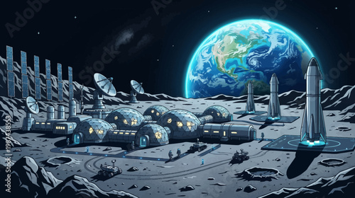 Futuristic lunar base on moon surface with earth in background space exploration concept with spacecraft and modules