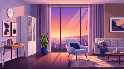 Cozy living room interior with city skyline view at sunset modern furniture and warm lighting