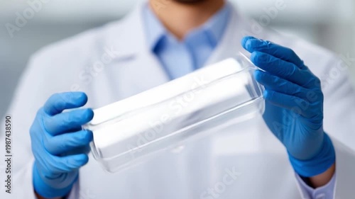 Scientist's Protective Gear: A close-up shot of a scientist, donning blue gloves and a pristine lab coat, carefully examines a transparent package.