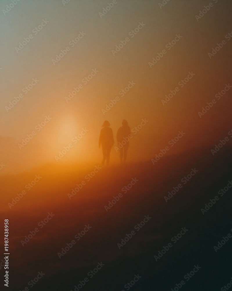 Fototapeta premium Two silhouetted figures walking through a foggy landscape at sunset, with warm orange and blue hues creating a cinematic film still aesthetic