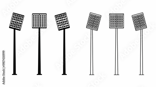 Six different street lamps on poles in black and white line art style for urban planning and city infrastructure designs