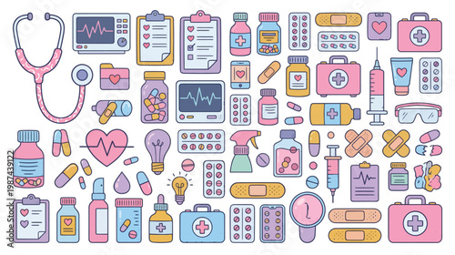 Pastel medical icons set including stethoscope pills syringes and healthcare symbols in pink blue and yellow hues on white background for healthcare and medical concepts