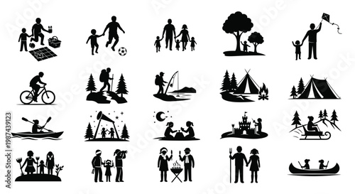 Black silhouettes of people engaging in outdoor activities including camping hiking biking fishing and family bonding set against a clean white background