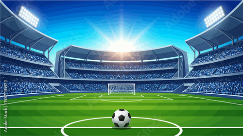 Soccer stadium with ball on field sun shining through roof packed audience green grass and blue seats