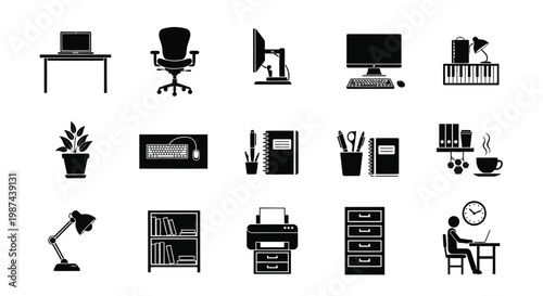 Modern black icons of office furniture and items including desk office chair computer and decor arranged in grid layout