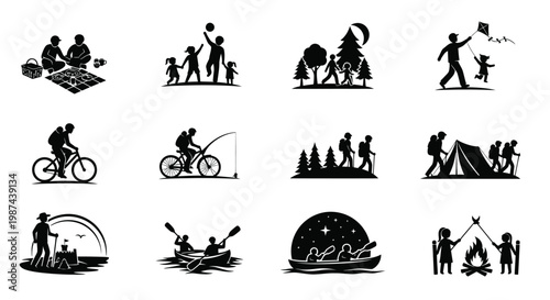 Collection of black and white silhouette icons showcasing outdoor activities including cycling camping hiking and water sports