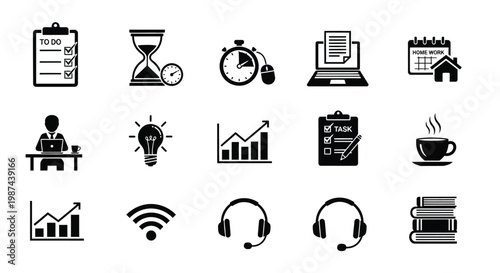 Black and white icons representing productivity time management and business concepts with symbols for tasks charts and communication