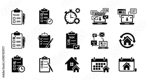 Black and white icons of task management scheduling productivity and organization for business and planning