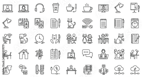 Hand drawn icons representing daily life work and leisure activities in a minimalist monochrome style