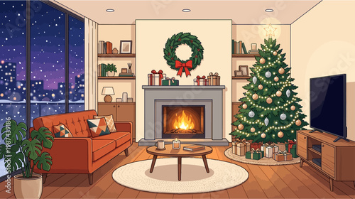 Cozy living room decorated for christmas with a glowing fireplace a decorated evergreen tree wrapped gifts and a snowy cityscape visible through a large window creating a warm and festive holiday