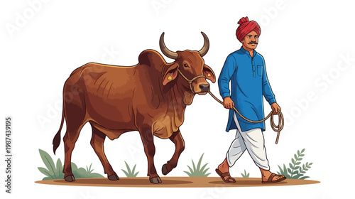 Man in traditional indian clothing walking with brown oxen rural scene with green plants rustic atmosphere and earthy tones