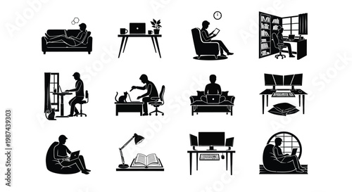 Silhouettes of people performing various activities in minimalist black and white illustrations relaxing working reading and sitting in modern settings