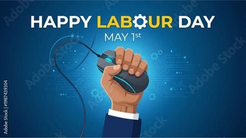 Celebrating international workers' day with a raised hand firmly gripping a computer mouse symbolizing the digital age of labor and technological advancement set against a vibrant blue background