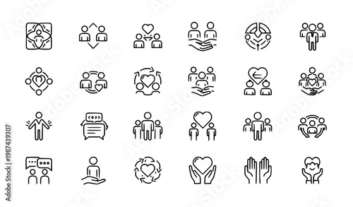 Modern editable stroke icon set of human values including care inclusion teamwork and friendship for corporate and education design