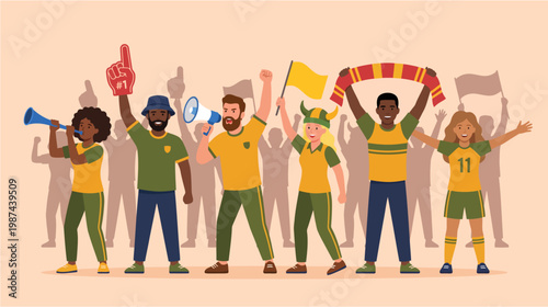 Diverse group of people cheering and celebrating with flags and horns in vibrant colors on a peach background