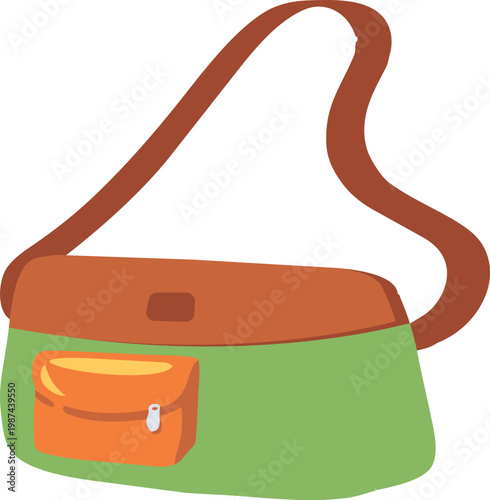 Flat vector illustration of a casual crossbody bag with a front pocket in a minimal modern style.