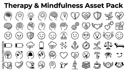 Diverse hand drawn icons representing therapy mindfulness emotions and well being featuring brains hearts shields lightbulbs and emotive faces for mental health and self care concepts
