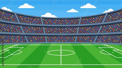 Vibrant soccer stadium filled with cheering spectators under a bright blue sky with fluffy clouds showcasing a meticulously detailed green football pitch with white markings and goal areas evoking