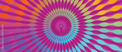 An abstract pink and purple spiral fractal creates a psychedelic mandala pattern with geometric vector shapes and a digital guilloche texture for a round ornamental wallpaper backdrop