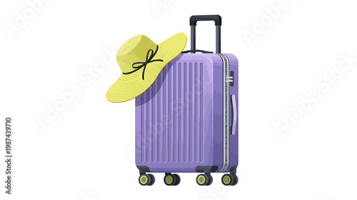 Vibrant purple suitcase with yellow sun hat on top for travel and vacation