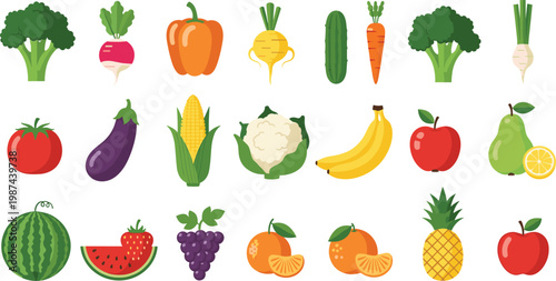 Large collection of fresh organic vegetables and fruits vector icons set featuring broccoli carrot apple and pineapple.