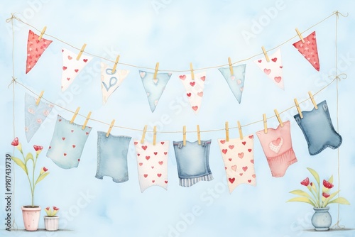 Watercolor illustration depicting baby clothes and decorative flags drying on a rope against a blue sky