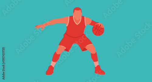 Basketball player dribbling ball in a dynamic pose.